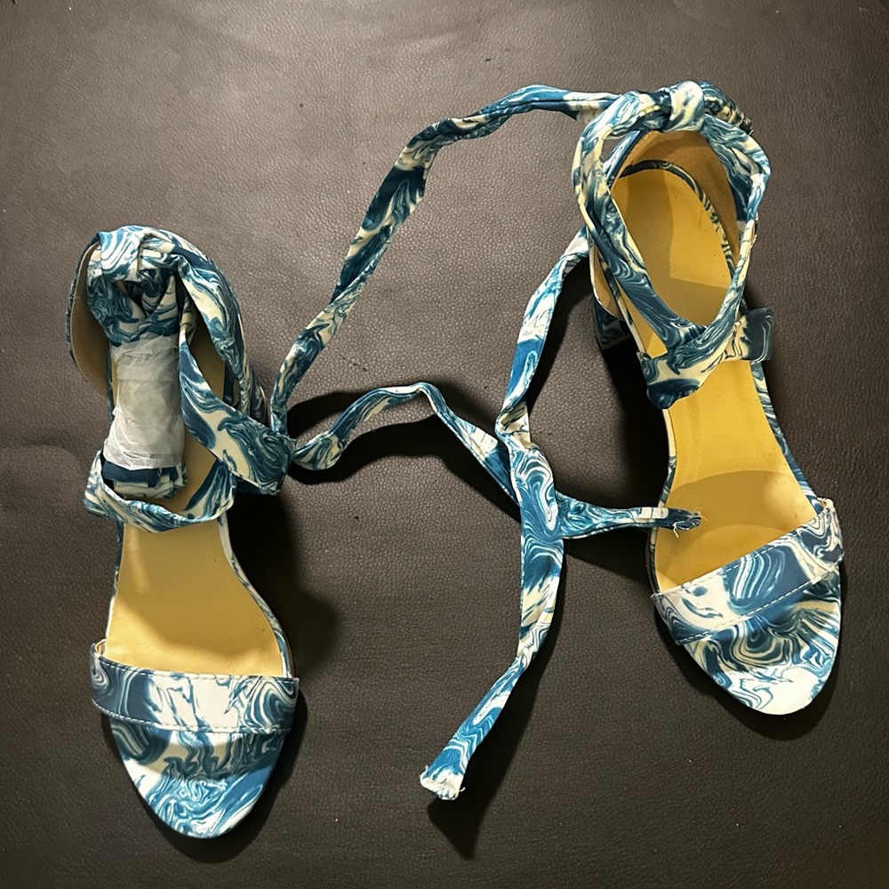 Wild Diva Satin Lace-Up Marble Block Heel Sandals - Picture 9 of 13